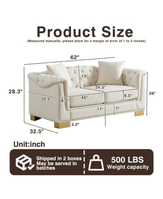 Classic Modern Chesterfield Sofa, 62-inch Velvet Two-Seater with Nailhead Decor