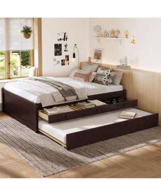 Full Platform Bed with Trundle, 2 Drawers, Solid Wood, Espresso