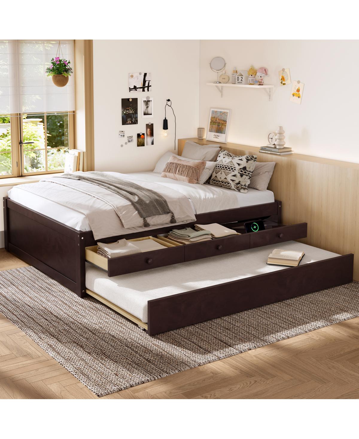 Streamdale Furniture Full Platform Bed with Trundle, 2 Drawers, Solid Wood, Espresso