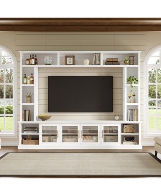 Entertainment Center Wall Unit for TVs up to 80" with Bookshelves & Glass Doors