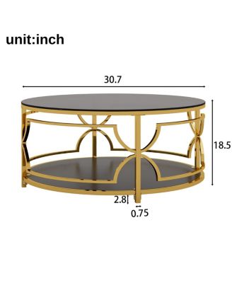 Streamdale Round Tempered Glass Coffee Table, 30.7", Gold Geometric Metal Frame, Shelf
