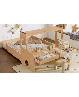 Full Size Car-Shape Floor Bed with Storage, Window, and Desk