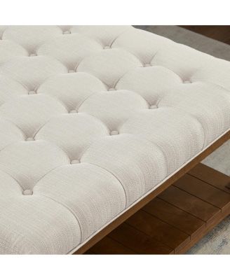  Large Square Tufted Linen Ottoman Coffee Table with Solid Wood Shelf
