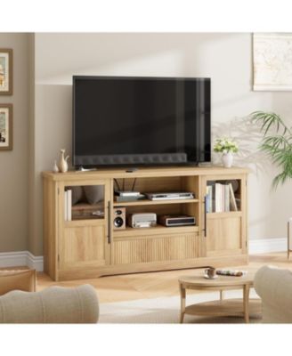 Retro TV Stand for 75 Inch TVs, Wave Pattern Media Console with 2 Glass Door Cabinets & Open Shelves