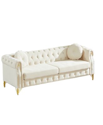Velvet Chesterfield Sofa with Pillows & Studs, Metal Legs.