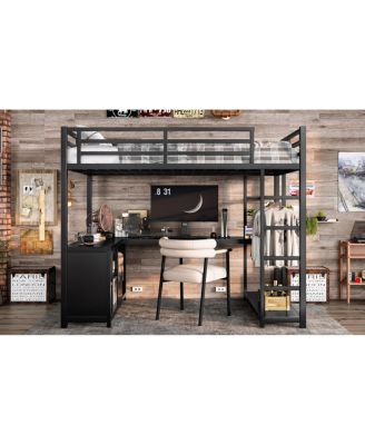 Metal Loft Bed with Wardrobe, L-shaped Desk & Storage, Black