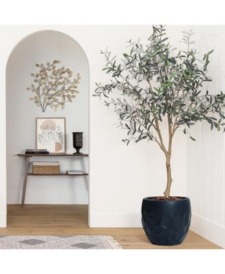 14.6-Inch Round Black Geometric MgO Planter