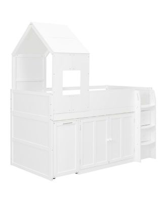 Twin Size Wooden Loft Bed with Desk, Drawers and Cabinets