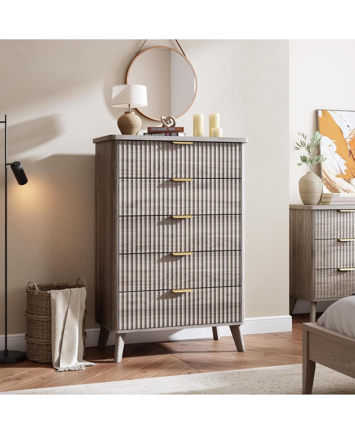 gaomon Fluted Dresser for Bedroom with 5 Deep Drawers, 47.2 in Tall Chest of Drawers, Curved Profile Design, Modern Wooden Dresser, for Living Room