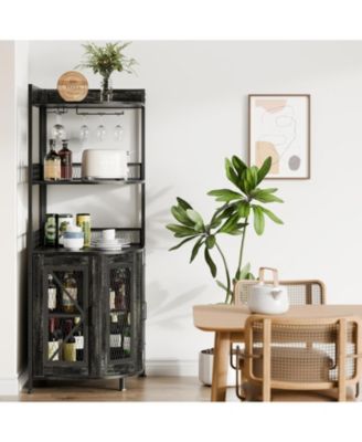 64 Inch Tall Corner Bar Cabinet with LED Strip 5-Tiers Industrial Bar Cabinet with Power Outlet and Glass Holder Wine Cabinet