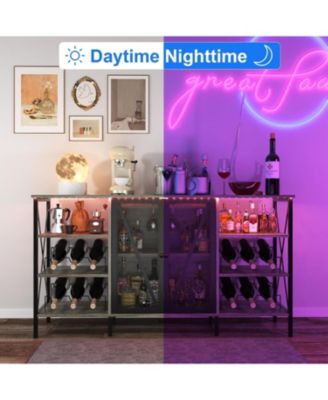 Farmhouse Wine Bar Cabinet with Wine Rack, Glass Holder, LED Light, Metal Sideboard and Liquor Storage Cabinet