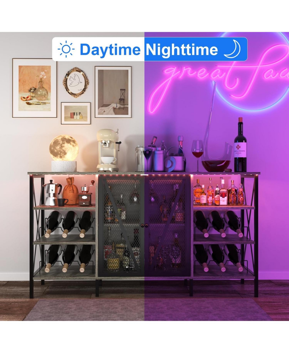 gaomon Farmhouse Wine Bar Cabinet with Wine Rack, Glass Holder, Led Light, Metal Sideboard and Liquor Storage Cabinet