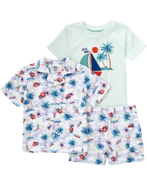 Комплекты Baby Essentials Collared Shirt, Short-Sleeve T-Shirt and Printed Shorts, 3-Piece Set для мальчиков-малышей, цвет: Мятный зелёный / Белый
