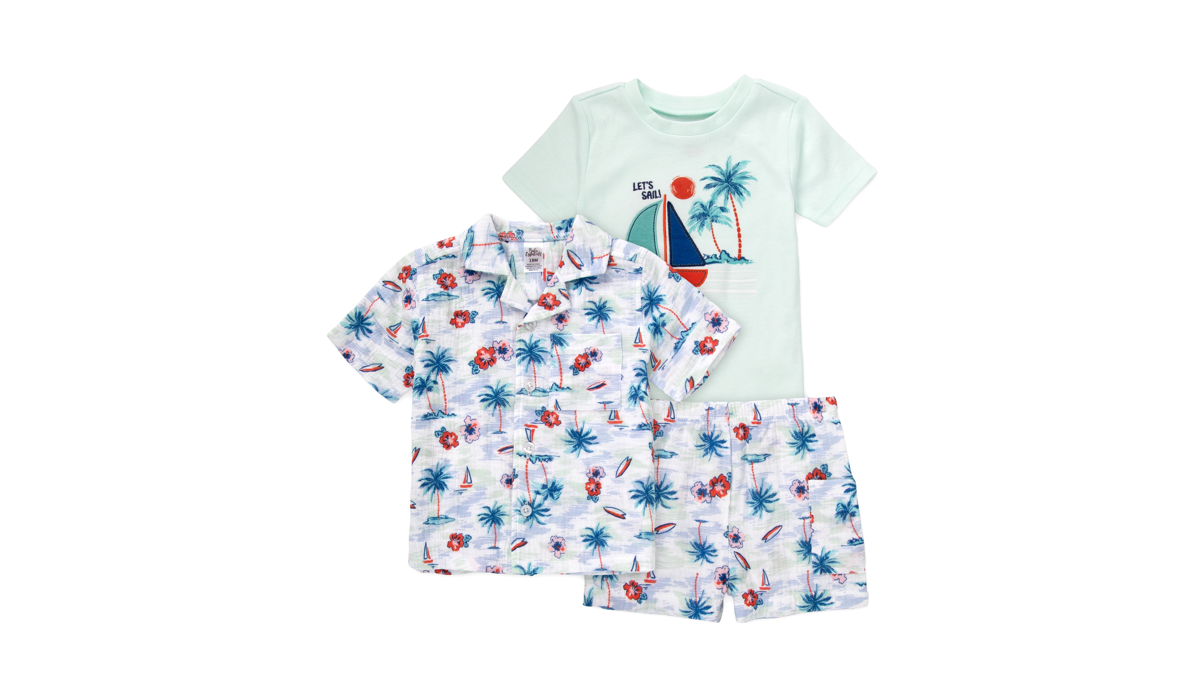 Baby Essentials Boys' Collared Shirt, Short-Sleeve T-Shirt and Printed Shorts, 3-Piece Set