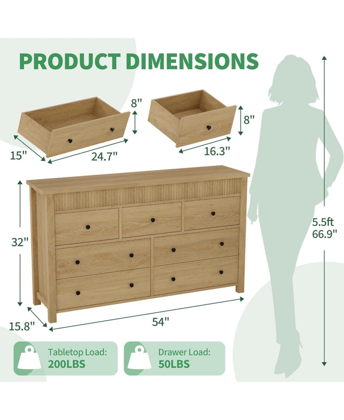 gaomon 7 Drawer Dresser for Bedroom Wooden Chest of Drawers Fluted Tv Stand Storage Organizer for Living Room Hallway and Entryway