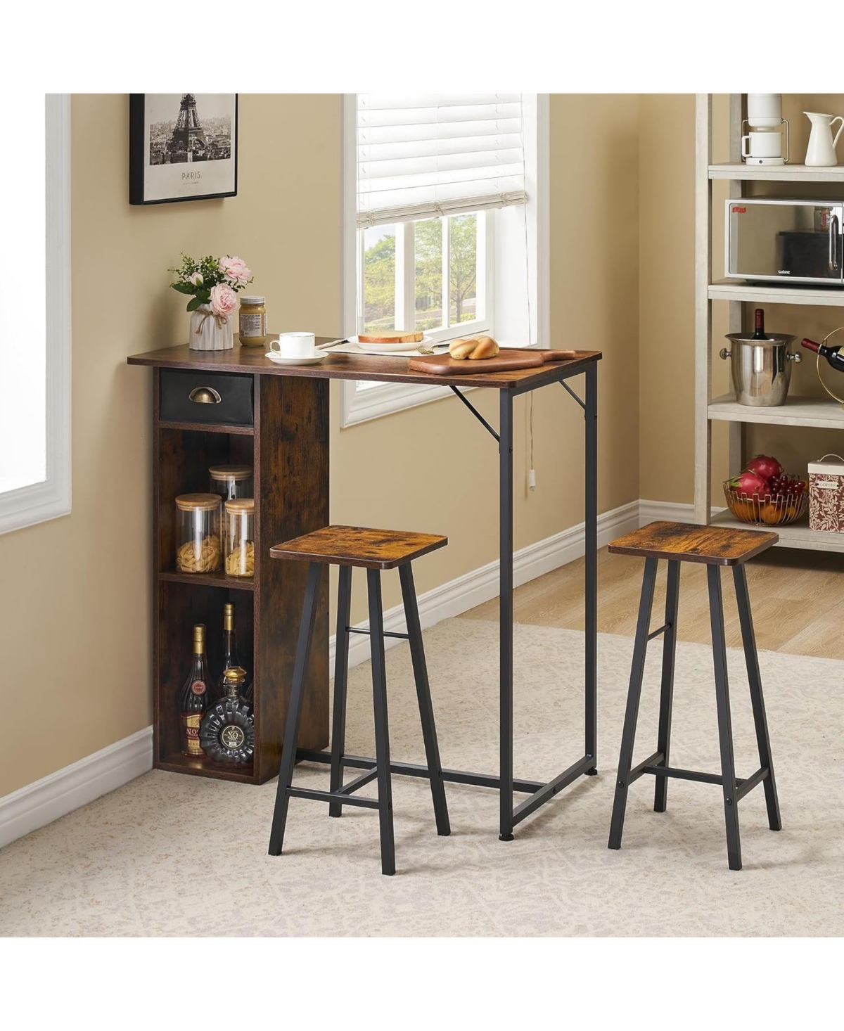 gaomon TrailBlaze Kitchen Dining Table Set 3 Piece Counter Height Bar Counter Table Set with Storage Drawer Shelves Wooden Bar Table and Chairs for 2