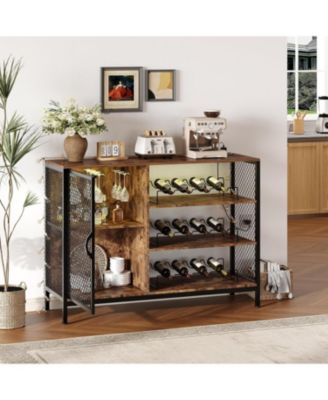 42-Inch Industrial Coffee Bar Cabinet with LED Lights, Power Outlets, Wood Liquor Cabinet with Doors, Glass Holders & Storage