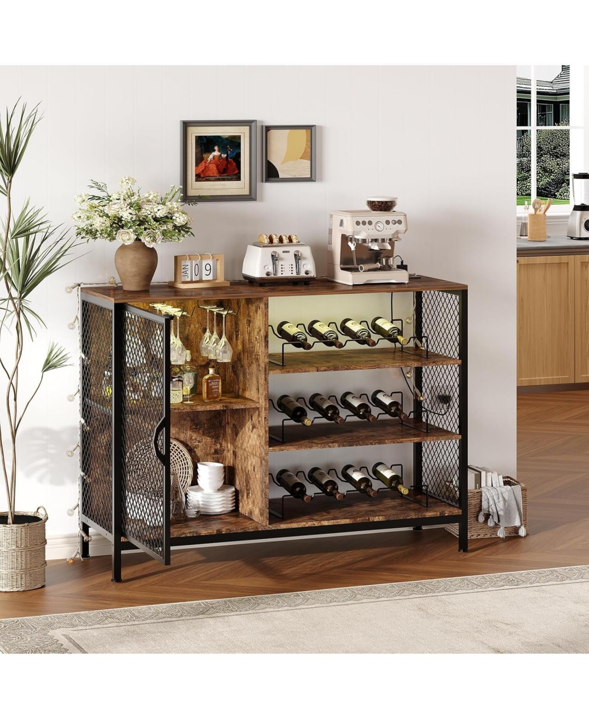 gaomon 42-Inch Industrial Coffee Bar Cabinet with Led Lights, Power Outlets, Wood Liquor Cabinet with Doors, Glass Holders & Storage