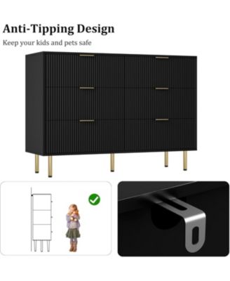 "47" wide modern 6 drawer fluted dresser with metal handles—wood chest for bedroom or living room."