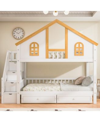 Twin Size Wooden House Bunk Bed with Window, Door, Roof, Drawers & Stairs