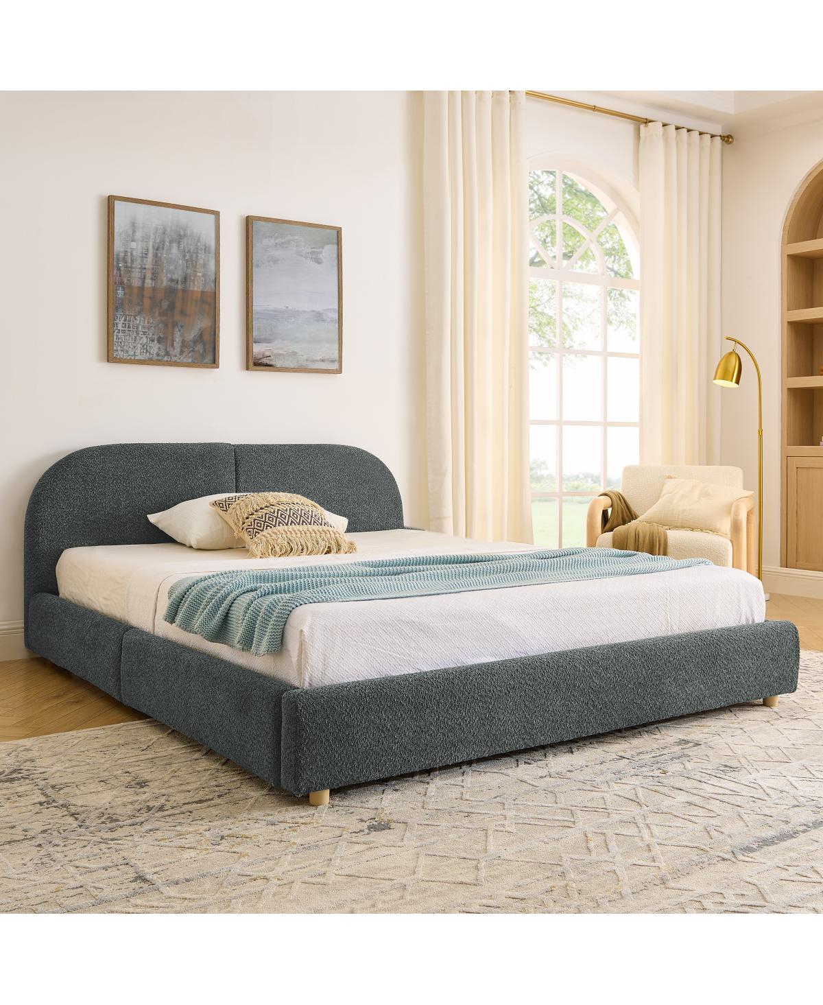 Streamdale Furniture Queen Size Upholstered Bed Frame Minimalist Style, Curved Headboard