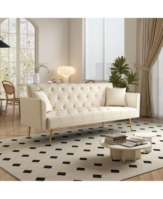 Modern 72" foldable sleeper sofa, beige velvet, retro style.