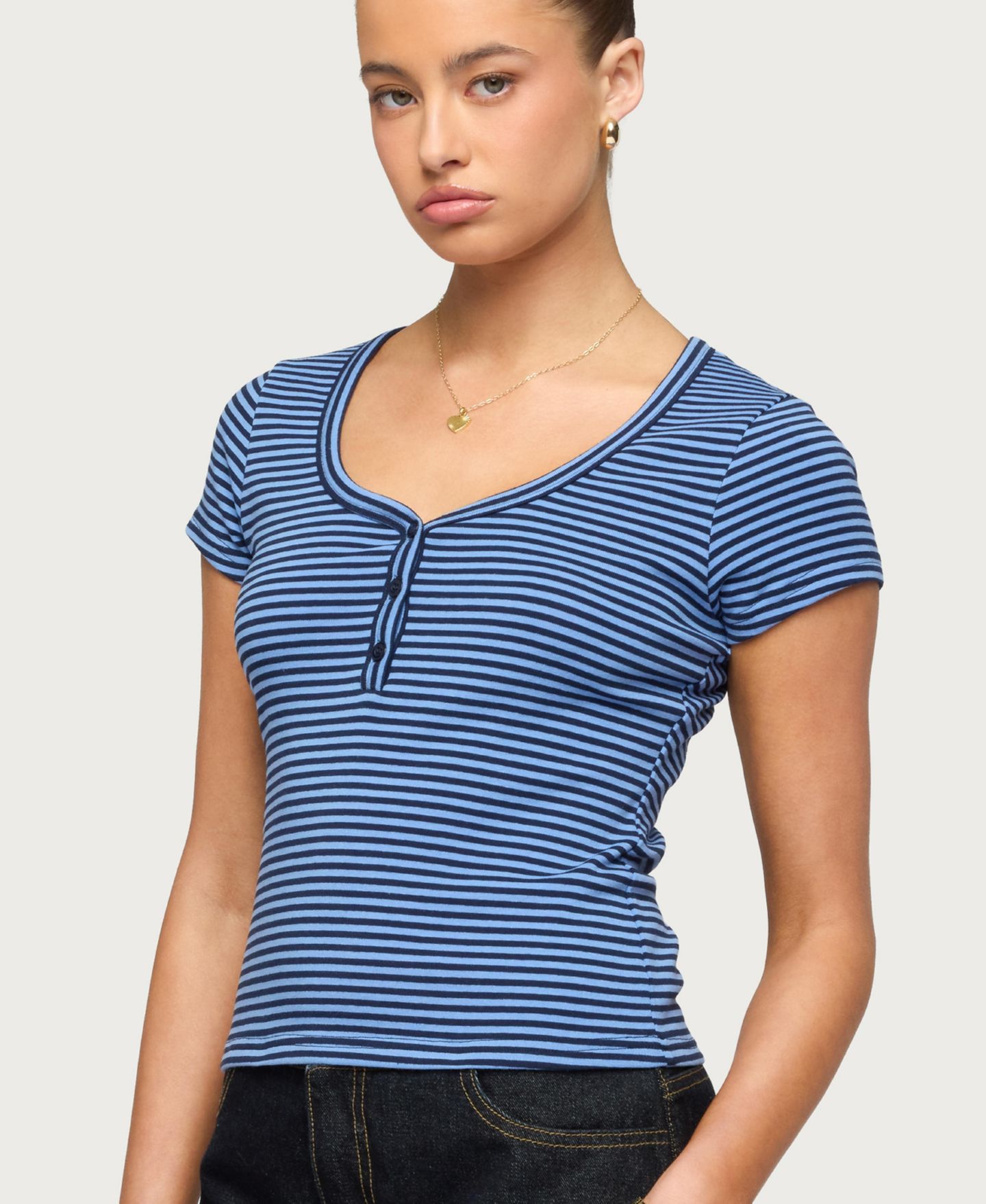 Женская футболка Edikted Kady Striped Henley, цвет: Синий тёмно-синий — фото 5