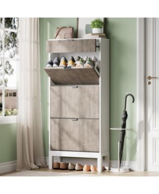 Wooden Shoe Cabinet with 3 Flip Doors & 1 Drawer – Slim Modern Fluted Shoe Organizer with Iron Legs, Freestanding Entryway