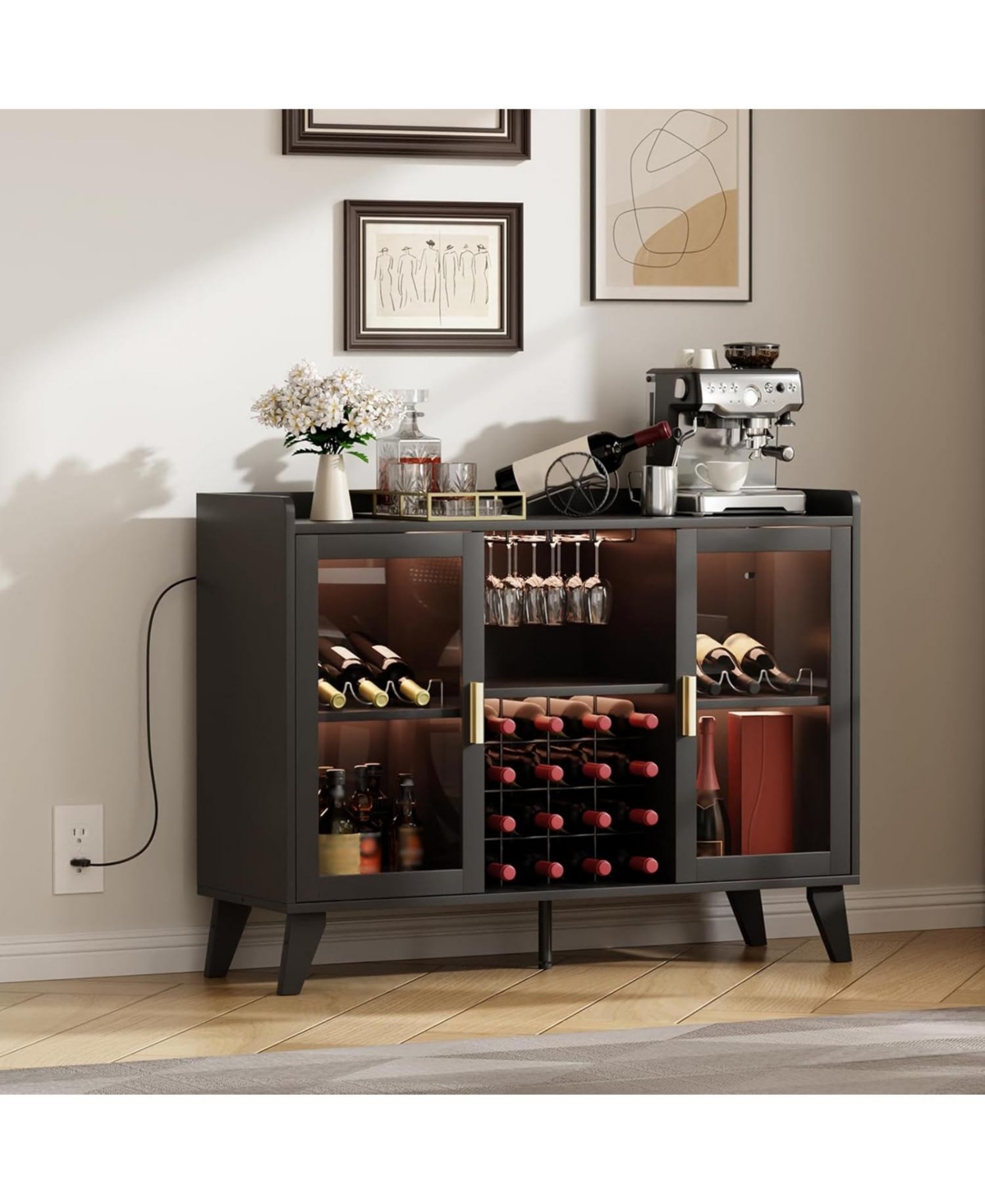 gaomon 47 Inch Wine Bar Cabinet with Led Lights Modern Liquor Cabinet with Wine Racks and Glass Holders Freestanding Kitchen Buffet Sideboard
