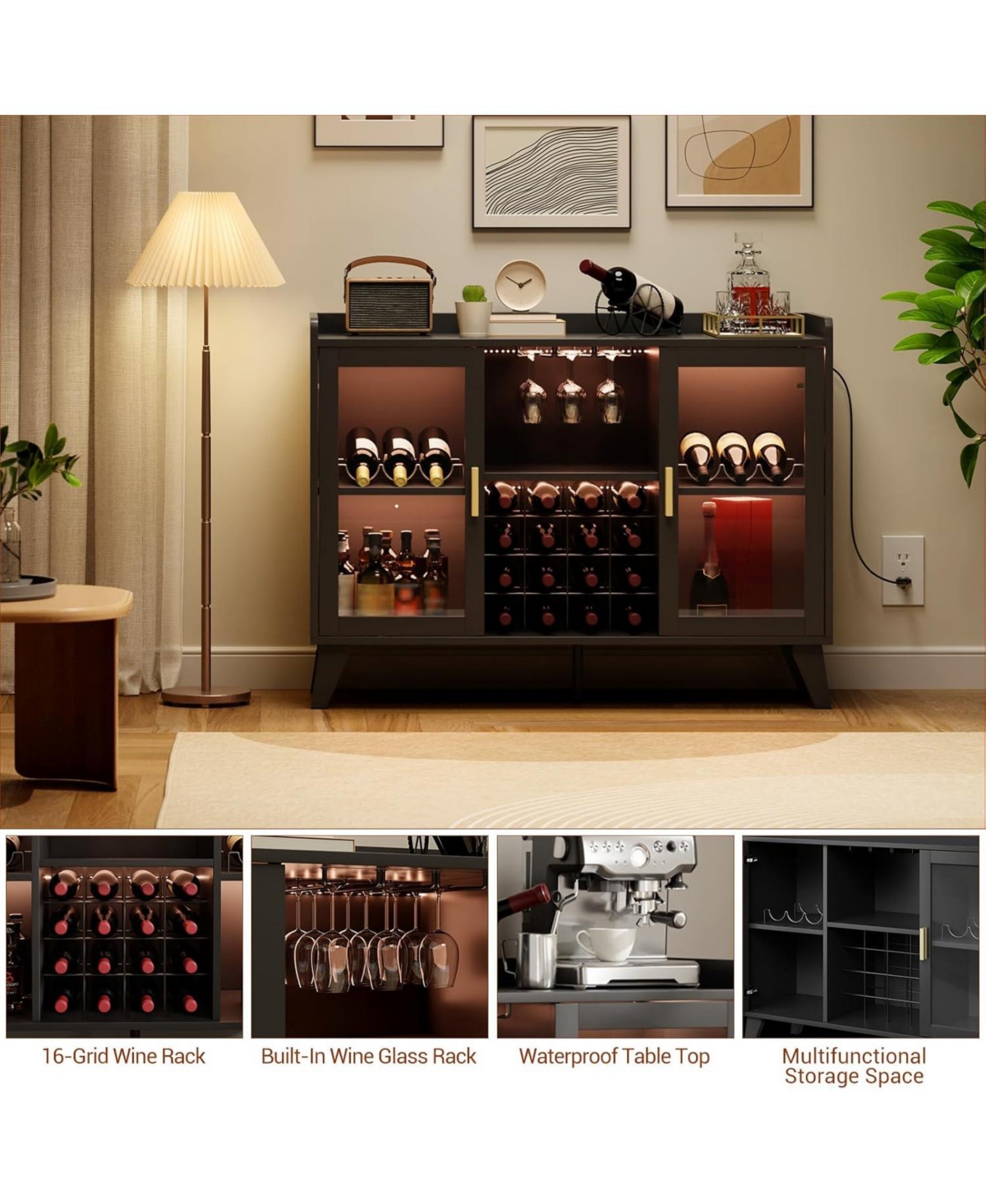 gaomon 47" Wine Bar Cabinet with Led Lights Modern Liquor Cabinet with Wine Racks & Glass Holders Freestanding Kitchen Buffet Sideboard Storage S