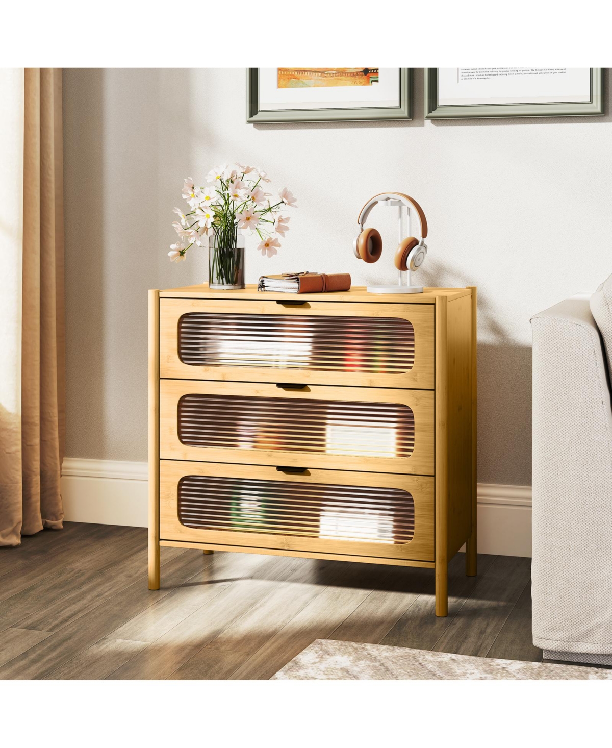Sugift 3 Drawer Mid Century Modern Chest of Drawers with Reeded Tempered Glass Front