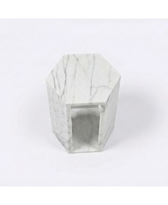 White Marble Hexagon Side Table - 15.7" Modern Stone End Table
