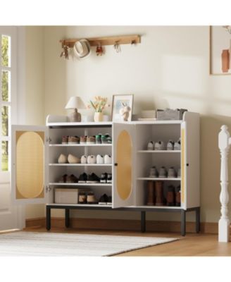 7 Tier Rattan Shoe Cabinet, Freestanding Shoe Storage Organizer with 3 Rattan Doors and Adjustable Shelves for Entryway, Hallway, Living Room