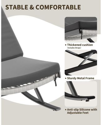 Outdoor Rocking Lounge Chair Set of 2, Patio Chaise Lounge with Removable Cushion for Napping Relaxing, Indoor Reclining Papasan Rocker Chair