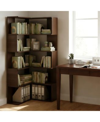 6 Tier L-Shaped Bookshelf, 66" Tall Walnut Open Display Shelf