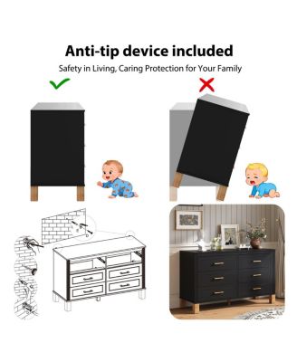 6-Drawer Double Dresser, Modern Storage Cabinet with Metal Handles & Solid Wood Legs