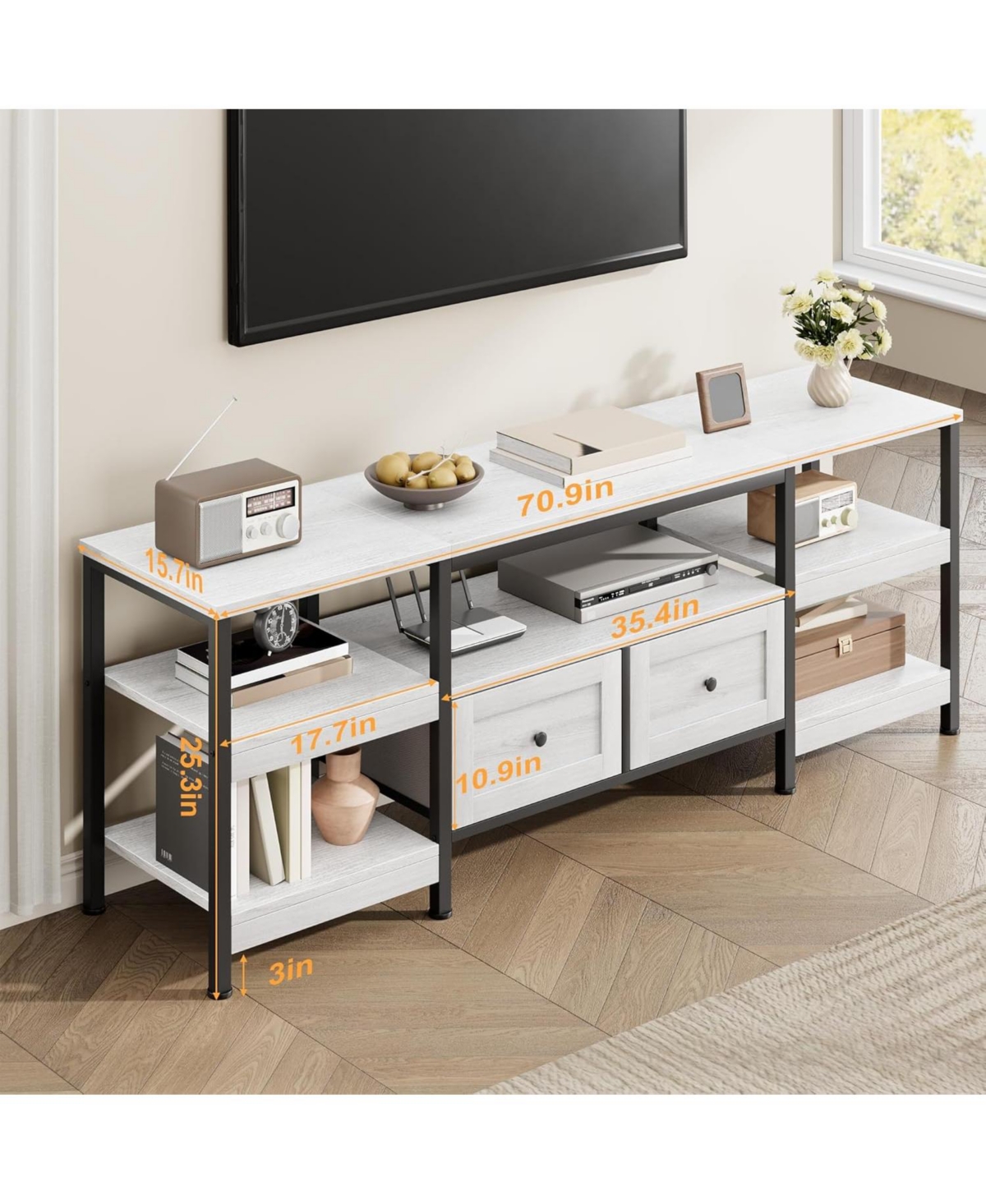 gaomon Modern-Industrial Tv Stand with 2 Fabric Drawers, Entertainment Center for TVs