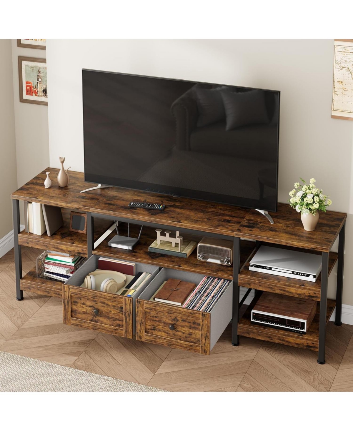 gaomon Modern-Industrial Tv Stand with 2 Fabric Drawers, Entertainment Center for TVs