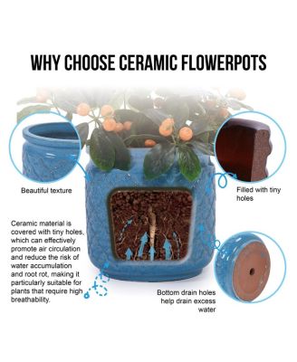 Handmade Ceramic Flowerpot Set of 3, Blue Geometric Pattern, 15/12/9 Inch Diameter