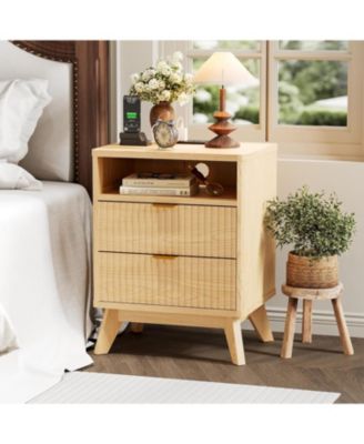 Modern Fluted Night Stands Set of 2, Nightstands with USB Charging Station, Two Drawer Filing Cabinets with Shelf