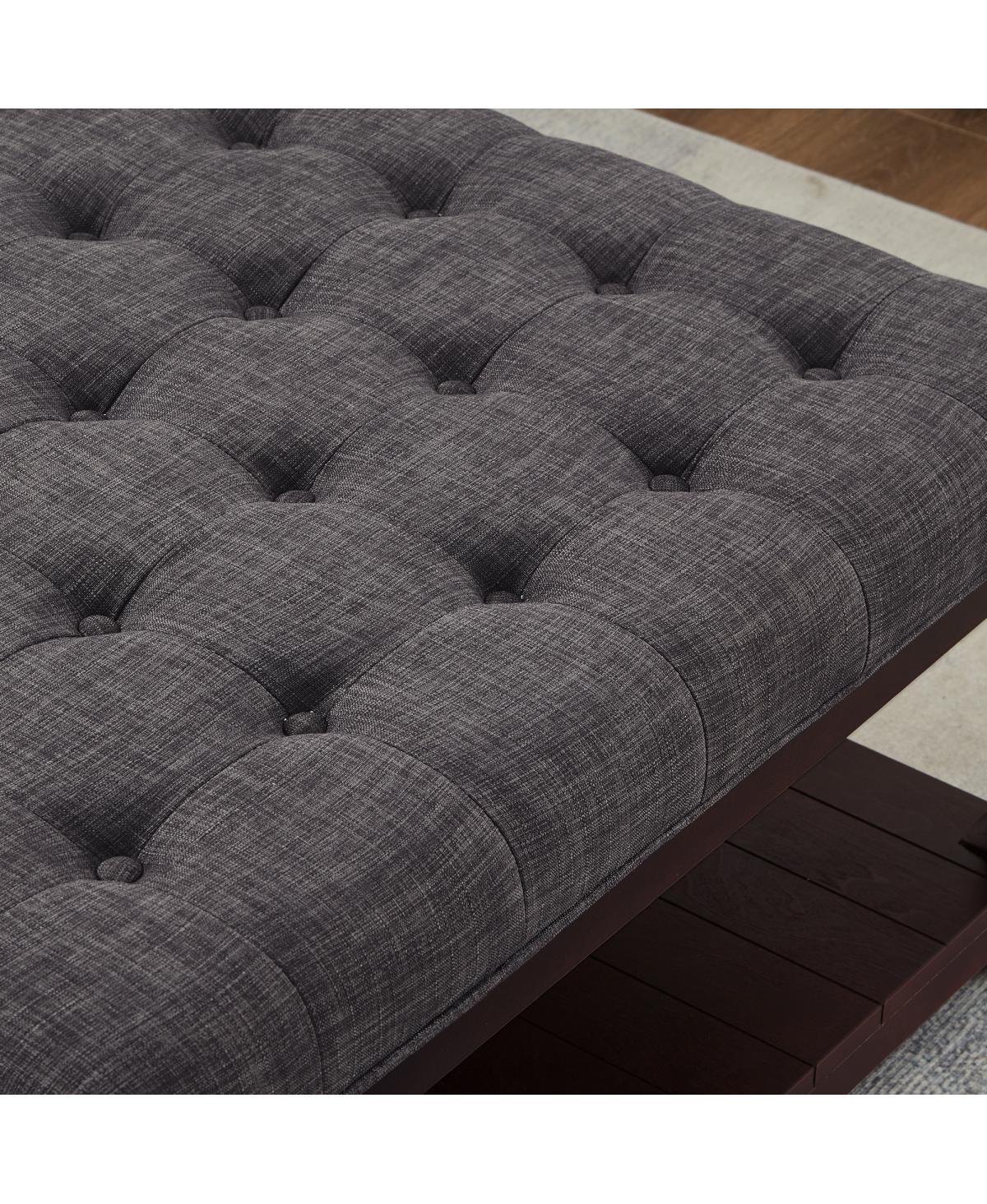Streamdale Furniture Large Square Tufted Linen Ottoman Coffee Table with Solid Wood Shelf
