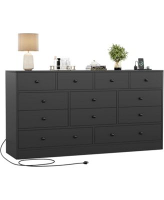  Drawer Dresser for Bedroom, 61 in Long Modern Black Dresser TV Stand with Charging Station, Large Wooden Chest Od Drawers for Nursery, Closet