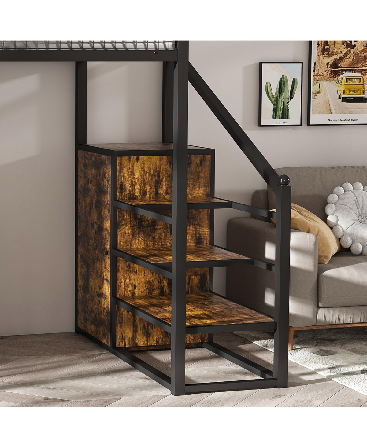 Flynama Full Size Loft Bed w Desk and Wardrobe Heavy Duty Metal Frame Built In Charging Station