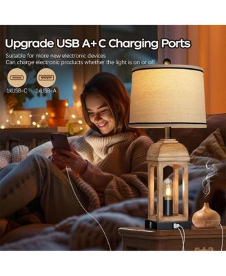 26-inch Table Lamp for Living Room, Farmhouse Lamps Set of 2 with USB A+C and Nightlight