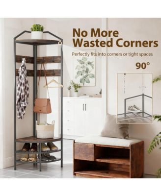 Corner Hall Tree - Industrial 4-Tier Coat Rack with Open Shelves, Movable Hooks and Steel Frame for Hallway, Living Room