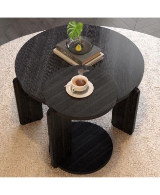 Nesting round wood coffee table set of 2, black oak veneer top, water/wear-resisting