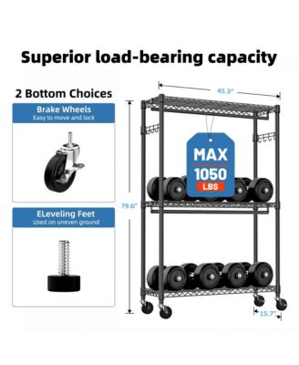 Heavy Duty Rolling Garment Rack - 3 Tiers Adjustable Wire Shelving, Clothes Rack with 2 Rods and Side Hooks for Bedroom and Cloakroom