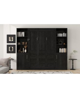 Queen size wooden Murphy Bed with Storage Shelves and Cabinets