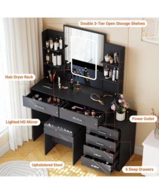 Makeup Vanity - Vanity Desk with Mirror and Lights -Vanity with 6 Drawers and Shelves - Vanity Desk with Charging Station - Vanity with Stool