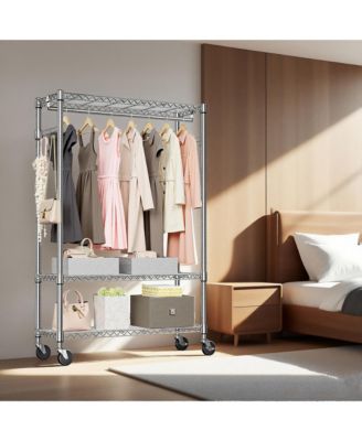 Heavy Duty Garment Rack on Wheels, 3 Tiers Adjustable Wire Shelving, Clothes Rack with 1 Rods and Side Hooks for Bedroom and Wardrobe, Chrome